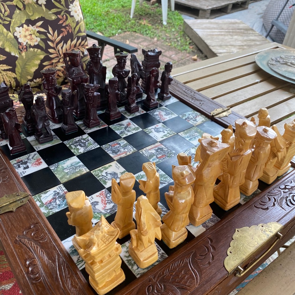 ANTIQUE JAPANESE WOOD MARBLE BRASS CHESS SET